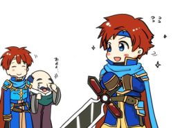 Rule 34 | armor, bald, blue eyes, blush, cape, chibi, cosplay, durandal (fire emblem), eliwood (fire emblem), eliwood (fire emblem) (cosplay), closed eyes, facial hair, father and son, fire emblem, fire emblem: the binding blade, fire emblem: the blazing blade, fire emblem heroes, headband, holding, holding weapon, male focus, mustache, nintendo, red hair, roy (fire emblem), short hair, smile, sword, weapon, white background