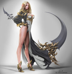 Rule 34 | 1girl, absurdres, black gloves, blonde hair, blue eyes, breasts, cleavage, daeho cha, derivative work, elf, from side, full body, gloves, gold, hand on own hip, high heels, highleg, highleg panties, highres, holding, holding weapon, large breasts, long hair, long sleeves, looking at viewer, looking to the side, original, panties, parted lips, pelvic curtain, pointy ears, realistic, scythe, solo, standing, thighs, underwear, weapon, white panties, wide sleeves
