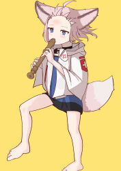 Rule 34 | 1girl, absurdres, animal ears, arknights, bare arms, barefoot, black choker, blue eyes, blue shirt, blush, brown hair, choker, commentary request, conripi, flute, forehead, fox ears, fox girl, fox tail, highres, holding, holding flute, holding instrument, instrument, jacket, kyoufuu all back (vocaloid), long sleeves, open clothes, open jacket, recorder, shirt, simple background, solo, standing, sussurro (arknights), tail, white jacket, wide sleeves, yellow background