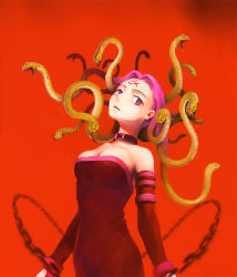 Rule 34 | 1girl, bare shoulders, breasts, chain, cleavage, collar, detached sleeves, dress, facial mark, fate/stay night, fate (series), greek mythology, highres, medusa (fate), medusa (rider) (fate), purple eyes, purple hair, red background, sheepspear, snake, snake hair, solo, square pupils, strapless, strapless dress