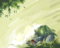 Rule 34 | bulbasaur, claws, creatures (company), game freak, gen 1 pokemon, grass, leaf, nature, nintendo, no humans, outdoors, pokemon, pokemon (creature), serain, solo, tree, wallpaper, yawning