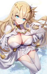 1girl agnes_claudel aqua_eyes blonde_hair blue_eyes breasts cleavage eiyuu_densetsu elbow_gloves floating_hair gloves hair_between_eyes halo hands_up highres kai_no_kiseki kuro_no_kiseki_(series) large_breasts long_hair looking_at_viewer parted_lips ririko_(zhuoyandesailaer) short_hair smile solo thighhighs white_gloves white_thighhighs