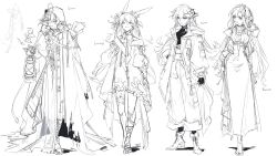Rule 34 | 1boy, 3girls, absurdres, alternate costume, animal ears, arknights, backpack, bag, bandaged leg, bandages, bare shoulders, barefoot, boots, breasts, character name, chinese commentary, closed mouth, coat, commentary request, crop top, cross, cross-laced footwear, cross necklace, denim, dongsheng, dress, fingerless gloves, fire, floral print, flower, flower tattoo, frilled dress, frills, full body, gloves, greyscale, hair flower, hair ornament, halter shirt, halterneck, hand in own hair, hand on own hip, high-waist pants, high heel boots, high heels, highres, holding, holding lantern, hood, hood up, hooded coat, jeans, jewelry, lantern, large breasts, leg belt, leg tattoo, light smile, long hair, long sleeves, lumen (arknights), midriff, monochrome, multiple girls, navel, necklace, open clothes, open coat, pants, parted lips, pointy ears, pointy footwear, priestess (arknights), puffy long sleeves, puffy pants, puffy sleeves, rabbit ears, sandals, saria (arknights), savage (arknights), scroll, short dress, short hair, simple background, sketch, socks, standing, tattoo, thick eyebrows, torn clothes, torn coat, turtleneck, turtleneck dress, white background