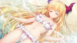 Rule 34 | 1girl, beach, blonde hair, bow, bra, bracelet, breasts, cleavage, closed eyes, closed mouth, collarbone, day, dragon horns, drapri guu-ta-life 2, flower, frilled bra, frills, game cg, hair between eyes, hair flower, hair ornament, haru (drapri guu-ta-life), highres, horns, jewelry, long hair, lying, medium breasts, navel, on back, outdoors, red horns, solo, takano yuki (allegro mistic), underwear, very long hair, white bow, white bra, yellow flower
