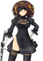 Rule 34 | 1girl, absurdres, black dress, black thighhighs, boots, breasts, brown eyes, brown hair, closed mouth, cosplay, dress, feather trim, gloves, hair ornament, hairband, hand on own hip, haruhisky, highres, holding, katana, long sleeves, looking at viewer, medium breasts, nier:automata, nier (series), puffy sleeves, short hair, side slit, simple background, smile, solo, standing, suzumiya haruhi, suzumiya haruhi no yuuutsu, sword, thigh boots, thighhighs, weapon, 2b (nier:automata), 2b (nier:automata) (cosplay)