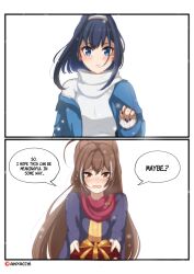 Rule 34 | anyacchi, berry, blue eyes, blue hair, box, brown hair, comic, english text, gift, gift box, hair intakes, hair ornament, highres, hololive, hololive english, jacket, long hair, multicolored hair, multiple girls, nanashi mumei, ouro kronii, red scarf, scarf, short hair, streaked hair, sweater, turtleneck, turtleneck sweater, virtual youtuber, yuri
