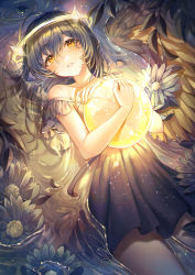 Rule 34 | 1girl, absurdres, ahoge, bare arms, black dress, blue flower, blue hair, blush, breasts, brown eyes, commentary, cowboy shot, dress, english commentary, feathered wings, flower, hair between eyes, halo, highres, leaf, long hair, looking at viewer, lying, lying on water, mirage (rairudiseu), on back, orb, original, parted lips, print dress, solo, starry sky print, strap slip, water, wings