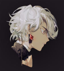 Rule 34 | 1boy, black background, chain, colored eyelashes, earrings, eyelashes, from side, gem, half-closed eyes, jewelry, looking away, male focus, original, parted lips, portrait, profile, red eyes, red gemstone, short hair, simple background, sleepless (wrysmile), solo, white hair
