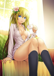 Rule 34 | 1girl, aka (shoumae), black socks, blonde hair, blue eyes, breasts, cleavage, collarbone, couch, covered erect nipples, cup, dress shirt, flower, hair flower, hair ornament, kneehighs, knees together feet apart, light smile, long hair, long sleeves, naked shirt, no bra, no pants, open clothes, open shirt, original, parted lips, pillow, shiny skin, shirt, sitting, socks, solo, teacup, thighs