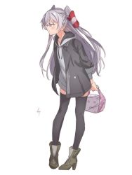 Rule 34 | 1girl, amatsukaze (kancolle), arms behind back, bag, black thighhighs, boots, brown eyes, coat, dress, female focus, flat chest, full body, grey coat, grey dress, grey footwear, hair tubes, high heels, highres, hood, hooded dress, hoodie, kantai collection, knt02142769, leaning forward, long hair, official alternate costume, purple hair, simple background, solo, standing, thighhighs, two side up, white background