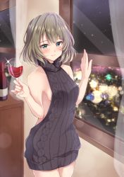 Rule 34 | 10s, 1girl, :d, alcohol, aran sweater, backless dress, backless outfit, bare arms, bare shoulders, black sweater, blue eyes, blush, bottle, breasts, brown hair, cable knit, city lights, cowboy shot, cup, curtains, dress, drinking glass, green eyes, halterneck, hand on window, heterochromia, holding, holding cup, holding drinking glass, idolmaster, idolmaster cinderella girls, indoors, jiino, light particles, looking at viewer, meme attire, mole, mole under eye, naked sweater, night, night sky, open mouth, parted lips, ribbed sweater, short hair, sideboob, sky, sleeveless, sleeveless turtleneck, small breasts, smile, solo, sparkle, star (sky), starry sky, sweater, sweater dress, takagaki kaede, tsurime, turtleneck, turtleneck sweater, virgin killer sweater, wall, window, wine, wine bottle, wine glass