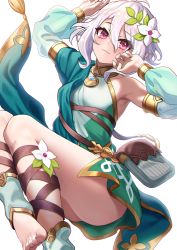 Rule 34 | 1girl, armlet, armpits, bag, bare shoulders, blush, bracelet, breasts, deca purio, detached sleeves, dress, elf, feet, female focus, flower, green dress, green sleeves, hair between eyes, hair flower, hair ornament, highres, jewelry, kokkoro (princess connect!), legs, long sleeves, looking at viewer, neck ring, pink eyes, pointy ears, princess connect!, puffy long sleeves, puffy sleeves, see-through, see-through sleeves, short hair, shoulder bag, silver hair, simple background, sleeveless, sleeveless dress, small breasts, smile, solo, toes