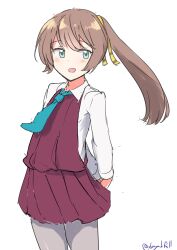 Rule 34 | 1girl, absurdres, aqua necktie, brown hair, collared shirt, cowboy shot, dress, dress shirt, grey eyes, grey pantyhose, hair ribbon, highres, kantai collection, kazagumo (kancolle), long hair, long sleeves, looking at viewer, necktie, one-hour drawing challenge, pantyhose, pleated dress, ponytail, purple dress, ribbon, robinson (day l full), school uniform, shirt, simple background, smile, solo, twitter username, white background, white shirt