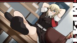 Rule 34 | 1girl, armband, arms behind head, belt, black jacket, black necktie, black skirt, black socks, blonde hair, blue eyes, blurry, blurry background, blush, brown bag, character name, commentary request, commission, crossed bangs, crossed legs, dutch angle, eyes visible through hair, feet, foot focus, girls&#039; frontline, grin, hair between eyes, hair ornament, hairclip, highres, indian style, jacket, karasimaki2017, looking at viewer, military, military uniform, mp41 (girls&#039; frontline), necktie, no headwear, no shoes, on table, pixiv commission, red armband, scroll tube, shirt, short hair, sitting, skirt, smile, sock pull, socks, soles, solo, table, uniform, white belt, white shirt