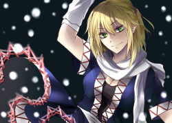 Rule 34 | 1girl, arm up, arm warmers, blonde hair, breasts, cleavage, elbow gloves, gloves, green eyes, highres, hujitaumi, large breasts, looking at viewer, mizuhashi parsee, pointy ears, sash, scarf, shirt, short sleeves, skirt, smile, solo, touhou, white gloves