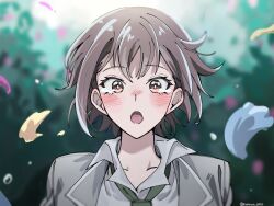 Rule 34 | 1girl, :o, bang dream!, bang dream! it&#039;s mygo!!!!!, blush, brown eyes, brown hair, collared shirt, commentary request, confetti, green necktie, grey jacket, haneoka school uniform, highres, jacket, looking at viewer, nanami (nunnun 0410), necktie, open mouth, outdoors, school uniform, shirt, short hair, solo, takamatsu tomori, twitter username, upper body, white shirt