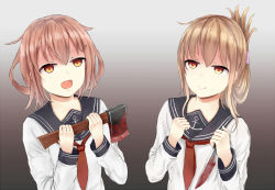 Rule 34 | 10s, 2girls, :d, anchor symbol, axe, brown eyes, brown hair, fang, folded ponytail, gradient background, hair ornament, hairclip, ikazuchi (kancolle), inazuma (kancolle), kantai collection, knife, long hair, long sleeves, multiple girls, neckerchief, ogcmaster, open mouth, plasma-chan (kancolle), ponytail, red neckerchief, school uniform, serafuku, short hair, smile, weapon, yandere