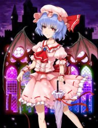 Rule 34 | 1girl, bad id, bad pixiv id, bat wings, blue hair, closed umbrella, female focus, hat, hat ribbon, puffy sleeves, red eyes, remilia scarlet, ribbon, sgtxiaoxin, short hair, short sleeves, smile, solo, touhou, umbrella, wings, wrist cuffs