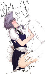 Rule 34 | 1boy, 1girl, clothed sex, cowgirl position, girl on top, hetero, izayoi sakuya, kiss, maid, rp (necho), saliva, sex, straddling, sweat, text focus, thighs, touhou, uncensored, vaginal