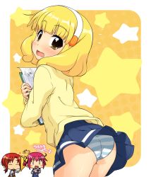Rule 34 | 10s, 3girls, :&lt;, ass, blonde hair, blood, blush, blush stickers, camera, cardigan, chibi, closed eyes, embarrassed, from behind, hair tie, hairband, hairdressing, highres, hino akane (smile precure!), hoshizora miyuki, instrument, k10k, kise yayoi, long hair, looking back, multiple girls, necktie, nosebleed, open mouth, panties, pantyshot, pink hair, pleated skirt, precure, red hair, school uniform, short hair, skirt, sleeves rolled up, smile precure!, star (symbol), starry background, striped clothes, striped panties, trumpet, underwear, upskirt, white hairband, wind, wind lift, yellow background, yellow eyes