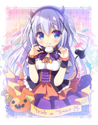 Rule 34 | 1girl, :&gt;, argyle, argyle background, argyle clothes, blue eyes, blue hair, blush, candy wrapper, commentary request, corset, demon tail, english text, fake horns, fang, fang out, food, frilled cuffs, fruit, gochuumon wa usagi desu ka?, grapes, hair between eyes, hair ornament, halloween, horns, kafuu chino, layered skirt, leaf, long hair, looking at viewer, puffy short sleeves, puffy sleeves, pumpkin, sasai saji, shirt, short sleeves, skirt, solo, tail, tippy (gochiusa), trick or treat, two side up, white shirt, wrist cuffs, x hair ornament