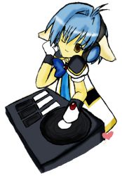 Rule 34 | 00s, 1girl, animal ears, blue hair, dj, galaxy angel, gloves, green eyes, heart, looking at viewer, lowres, mint blancmanche, one eye closed, short hair, simple background, solo, white background, wink, yellow eyes