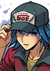 Rule 34 | 1boy, absurdres, baseball cap, black hat, black shirt, blue background, blue hair, bruno (yu-gi-oh!), collared shirt, english text, hand on headwear, hand up, hat, highres, jacket, looking at viewer, looking up, male focus, open mouth, purple eyes, red jacket, shirt, short hair, simple background, smile, solo, upper body, yellow shirt, youko-shima, yu-gi-oh!, yu-gi-oh! 5d&#039;s