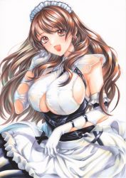 Rule 34 | 1girl, apron, azur lane, black dress, breasts, brown eyes, brown hair, charybdis (azur lane), dress, frilled apron, frills, gloves, highres, huge breasts, kurube125, long hair, maid headdress, marker (medium), open mouth, simple background, solo, traditional media, waist apron, white apron, white background, white gloves