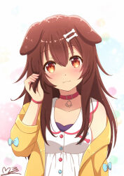 Rule 34 | 1girl, animal ears, brown hair, dog ears, hololive, inugami korone, long hair, long sleeves, looking at viewer, m ko (maxft2), open clothes, smile, solo, virtual youtuber