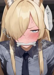 Rule 34 | 1girl, anger vein, angry, animal ears, blonde hair, blue archive, blue eyes, blue shirt, blush, bone, collared shirt, dio nand, dog ears, embarrassed, hair over one eye, half-closed eyes, kanna (blue archive), long hair, looking at viewer, mouth hold, necktie, shirt, solo, sweat, upper body, v-shaped eyebrows