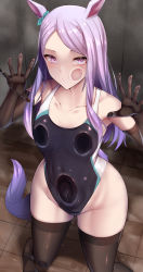 Rule 34 | 1girl, absurdres, against glass, animal ears, bad id, bad pixiv id, bare shoulders, big shine, black gloves, black one-piece swimsuit, black thighhighs, blush, breasts, closed mouth, collarbone, elbow gloves, gloves, highres, horse ears, horse girl, horse tail, long hair, looking at viewer, mejiro mcqueen (umamusume), one-piece swimsuit, parted bangs, purple eyes, purple hair, small breasts, solo, swept bangs, swimsuit, tail, thighhighs, thighs, umamusume, wide hips