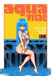 Rule 34 | 1girl, akairiot, blue hair, blue pupils, blunt bangs, closed mouth, commentary, completely nude, convenient censoring, english commentary, english text, highres, kelda (akairiot), latin text, legs, liquid hair, long hair, looking at viewer, medium hair, nude, original, sitting, smile, solo, splashing, translation request, water