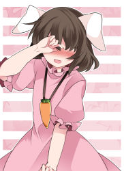 Rule 34 | 1girl, animal ears, bad id, bad pixiv id, blush, brown hair, rabbit ears, carrot, commentary request, dress, hammer (sunset beach), inaba tewi, jewelry, necklace, open mouth, pink dress, short hair, solo, striped, striped background, touhou