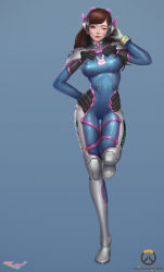Rule 34 | 1girl, absurdres, acronym, animal print, arm behind back, armor, bad id, bad pixiv id, blue background, bodysuit, boots, bracer, breasts, brown eyes, brown hair, copyright name, d.va (overwatch), emblem, facepaint, facial mark, full body, gloves, hand on headwear, hand on own hip, hand up, headphones, highres, jagercoke, leg up, lips, lipstick, logo, long hair, long sleeves, makeup, medium breasts, one eye closed, overwatch, overwatch 1, parted lips, pauldrons, pilot suit, pink lips, rabbit print, ribbed bodysuit, shoulder armor, shoulder pads, signature, simple background, skin tight, smile, solo, standing, standing on one leg, thigh boots, thigh gap, thigh strap, thighhighs, turtleneck, whisker markings, white footwear, white gloves