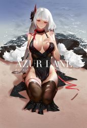 Rule 34 | 1girl, absurdres, artist name, azur lane, beach, black dress, black flower, breasts, brown thighhighs, center opening, cleavage, copyright name, dated, dianice, dress, evening gown, flower, fur shawl, hair flower, hair ornament, halter dress, halterneck, hand on own chest, highres, large breasts, long hair, looking at viewer, official alternate costume, plunging neckline, red eyes, seiza, shawl, shiny skin, sitting, solo, thighhighs, torn clothes, torn thighhighs, under skirt, water, wet, wet clothes, white hair, yorck (azur lane), yorck (breaker under the blood moon) (azur lane)