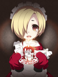 Rule 34 | 10s, 1girl, :d, alternate costume, apron, blonde hair, blood, brown eyes, candle, collarbone, dress, earclip, english text, enmaided, fire, frilled apron, frills, happy birthday, idolmaster, idolmaster cinderella girls, looking at viewer, maid, open mouth, plate, red dress, shirasaka koume, short hair, skull, sleeves past wrists, smile, solo, strap slip, suzuri (tennenseki)