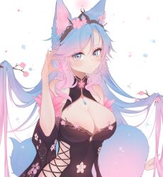 Rule 34 | 1girl, absurdres, animal ear fluff, animal ears, black kimono, black sleeves, blue eyes, blue hair, blue tail, breasts, cherry blossom print, cherry blossoms, cleavage, clothing cutout, detached sleeves, floral print, flower, gradient hair, gradient tail, heart, highres, hip vent, indie virtual youtuber, japanese clothes, kimono, large breasts, long hair, looking at viewer, mole, mole under eye, multicolored hair, multicolored tail, nail, nail polish, navel cutout, petals, pink hair, pink tail, ruri (kitsuwi), silvervale, silvervale (sakura goddess), simple background, smile, solo, streaked hair, tail, tail flower, tail ornament, two-tone hair, very long hair, virtual youtuber, white background, wolf ears, wolf girl, wolf tail
