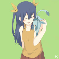Rule 34 | 1girl, arute arisu, blue hair, collarbone, creatures (company), crossover, closed eyes, fairy tail, female focus, game freak, gen 4 pokemon, glaceon, green background, hair ribbon, highres, long hair, nintendo, open mouth, orange ribbon, orange shirt, pleated skirt, pokemon, pokemon (creature), red skirt, ribbon, shirt, simple background, skirt, wendy marvell