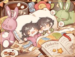 1boy 1girl andrew_graves artist_request ashley_graves black_hair book chibi commission cookie cup flower food green_pajamas pajamas pink_pajamas plate ponytail rabbit robot second-party_source siblings sleeping stuffed_toy sweets the_coffin_of_andy_and_leyley