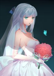 Rule 34 | 1girl, aoandon, aqua eyes, bare shoulders, breasts, bug, butterfly, cleavage, dress, elbow gloves, gloves, hair ornament, highres, bug, long hair, looking at viewer, medium breasts, onmyoji, ossi, silver hair, solo, upper body, wedding dress