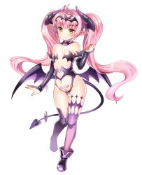 Rule 34 | 1girl, bare shoulders, black thighhighs, blush, boots, breasts, bridal gauntlets, clenched hand, closed mouth, demon tail, demon wings, detached collar, full body, heart, heart tattoo, horns, long hair, low wings, navel, original, pointy ears, pubic tattoo, shouni (sato3), simple background, small breasts, smile, solo, tail, tail ornament, tail ring, tattoo, thighhighs, twintails, very long hair, white background, white hair, wings, yellow eyes