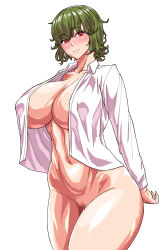 Rule 34 | 1girl, absurdres, arms behind back, blush, bottomless, breasts, censored, collarbone, collared shirt, covered erect nipples, cowboy shot, eyelashes, from side, green hair, head tilt, highres, hip focus, huge breasts, kazami yuuka, long sleeves, looking at viewer, mosaic censoring, naked shirt, navel, no bra, no panties, open clothes, open shirt, outline, puffy nipples, pussy, shiny skin, shirt, short hair, simple background, smile, solo, sorahachi midoro, thighs, toned, touhou, wavy hair, white background, white shirt