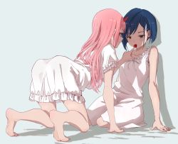 Rule 34 | 10s, 2girls, all fours, aqua eyes, arm support, ass, bare arms, bare shoulders, barefoot, blue background, blue hair, blush, breasts, closed mouth, collarbone, darling in the franxx, dress, eyeliner, feeding, food, food in mouth, frilled dress, frills, fruit, full body, green eyes, hair ornament, hairclip, half-closed eyes, hand up, hasisisissy, highres, horns, ichigo (darling in the franxx), long hair, looking at another, looking down, makeup, md5 mismatch, mouth hold, multiple girls, name connection, object namesake, parted bangs, pink hair, resolution mismatch, ribbon, shade, shadow, short hair, short sleeves, simple background, single horn, sitting, sleeveless, sleeveless dress, small breasts, smile, source larger, straight hair, strawberry, wariza, white dress, white ribbon, yokozuwari, yuri, zero two (darling in the franxx)