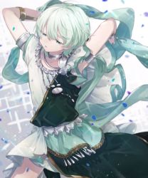 Rule 34 | 07770 , 1boy, alternate costume, armlet, arms up, byleth (fire emblem), byleth (male) (fire emblem), dancer, dancer (fire emblem: three houses), fire emblem, fire emblem: three houses, green eyes, green hair, highres, nintendo, open mouth, short hair, simple background, solo, white background