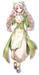 Rule 34 | 1girl, atelier-moo, braid, breasts, cleavage, closed mouth, curtained hair, detached sleeves, dress, full body, hair ribbon, highres, large breasts, long hair, navel, nina lazydaisy, pink eyes, pink hair, ribbon, shoes, smile, solo, standing, transparent background, twin braids, very long hair, wizards symphony