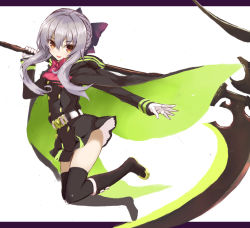 Rule 34 | 10s, 1girl, belt, black footwear, black skirt, boots, bow, buttons, cape, full body, gloves, goekawa, hair bow, hiiragi shinoa, holding, holding weapon, knee boots, letterboxed, long sleeves, military, military uniform, outstretched arm, over shoulder, owari no seraph, purple hair, scythe, short hair with long locks, simple background, skirt, solo, thighhighs, thighs, uniform, weapon, weapon over shoulder, white background, white gloves, yellow eyes, zettai ryouiki