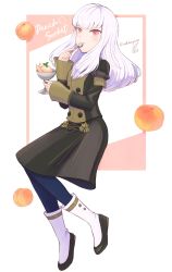 Rule 34 | 1girl, artist name, ayan (ayan 00o), black jacket, black skirt, blue pantyhose, boots, commentary request, cup, fire emblem, fire emblem: three houses, food, fruit, full body, garreg mach monastery uniform, hand up, highres, holding, holding cup, holding spoon, ice cream, jacket, juliet sleeves, long hair, long sleeves, looking at viewer, lysithea von ordelia, nintendo, pantyhose, peach, peach slice, pink eyes, puffy sleeves, silver hair, skirt, skirt set, solo, spoon, twitter username, white background, white footwear
