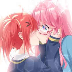 Rule 34 | 2girls, ahoge, animal ear fluff, animal ears, black jacket, blue eyes, blush, cat ears, closed mouth, commentary, faceless, faceless female, fingernails, glasses, hair between eyes, hair ornament, hairclip, hands on another&#039;s face, hands up, heart, heart-shaped pupils, highres, jacket, kiss, long hair, long sleeves, multiple girls, mvv, original, pink hair, red-framed eyewear, red hair, semi-rimless eyewear, sleeves past wrists, sparkle, symbol-only commentary, symbol-shaped pupils, twintails, under-rim eyewear, vivian (mvv), xiao me, yuri