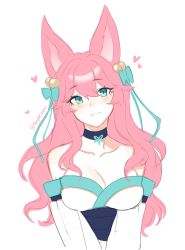 Rule 34 | 1girl, ahri (league of legends), animal ears, bare shoulders, bell, black choker, bow, breasts, choker, cleavage, collarbone, detached sleeves, fox ears, fox tail, green bow, green eyes, hair bell, hair bow, hair ornament, heart, highres, large breasts, league of legends, long hair, official alternate costume, pink hair, shyoricchi, simple background, smile, solo, spirit blossom ahri, tail, upper body, white background