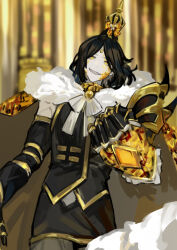Rule 34 | 1boy, black hair, black jacket, bow, bowtie, cape, coat, detached sleeves, e.g.o (project moon), forehead jewel, fur-trimmed coat, fur trim, gauntlets, highres, jacket, king of greed, library of ruina, long sleeves, medium hair, nishikujic, project moon, roland (project moon), solo, white bow, white bowtie, white cape, yellow gemstone